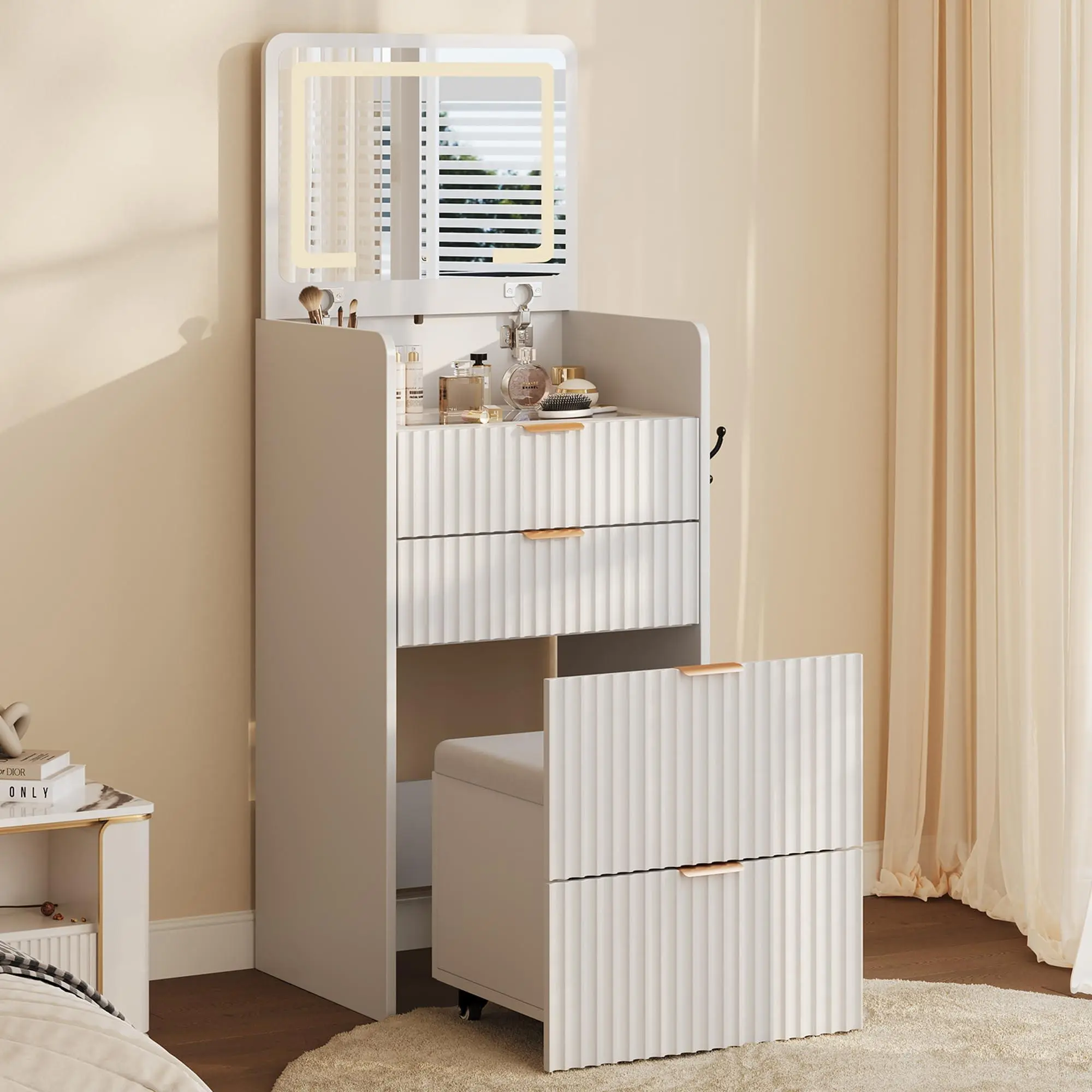 GARVEE 3 in 1 Vanity Desk with 3 Drawers and Rolling Stool, Compact Vanity with Flip Top Mirror and Lights, Modern Small Makeup Vanity Table with Charging-A