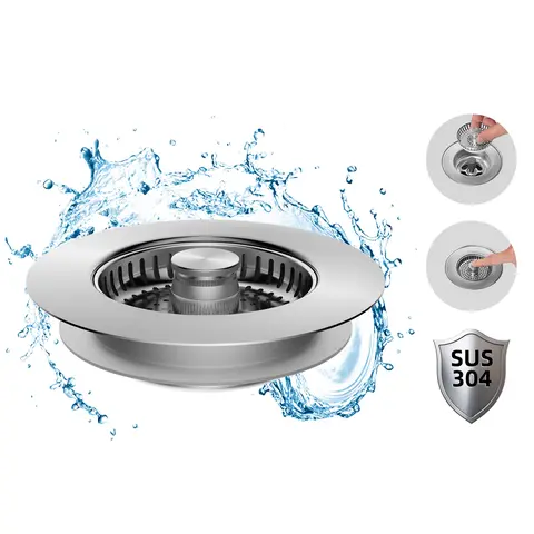 Hibbent Durable 3-in-1 All-Metal Kitchen Drain Strainer & Stopper Combo - Brushed Nickel-Folding Handle, Anti-Clogging Stainless Steel Basket, Push Down Plug, Easy Installation, 2.76"-3.38" Fit for 3-1/2" US Standard Drain, Mesh Screen