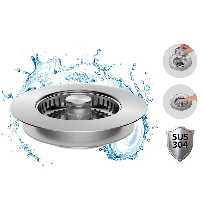 Hibbent Durable 3-in-1 All-Metal Kitchen Drain Strainer & Stopper Combo - Brushed Nickel-Folding Handle, Anti-Clogging Stainless Steel Basket, Push Down Plug, Easy Installation, 2.76"-3.38" Fit for 3-1/2" US Standard Drain, Mesh Screen