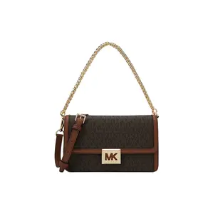 Michael Kors Sonia Medium Logo Shoulder Bag - Brown/Acorn Chain Flap Crossbody, Signature Print Satchel, MK Designer Handbag