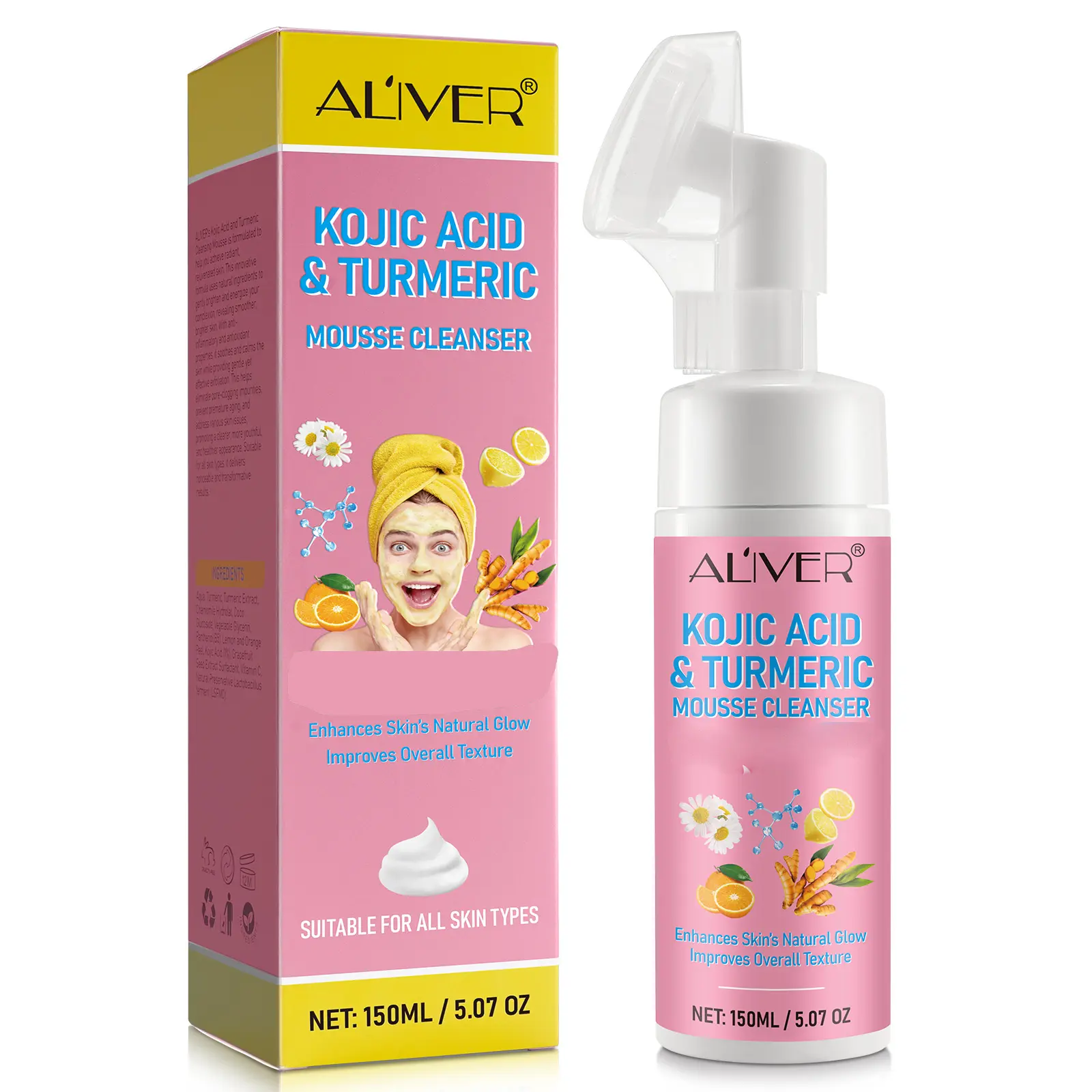 Aliver Kojic Acid & Turmeric Blend Foaming Mousse Foam Cleanser - Gentle Exfoliating, Oil-Free Facial Cleansing Product for Adults & All Skin Types, 150ml Single Item