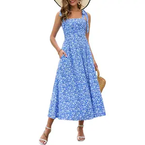 Womens 2025 Summer Spaghetti Strap Floral Maxi Dress with Pockets Smocked Flowy Long Beach Vacation Sundresses Boho Casual