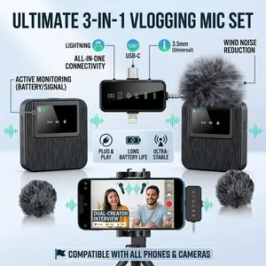 Long Distance 328FT Wireless Lapel Mic, 20 Hours Working Battery, Hi-Fi Noise Cancelling Sound, 3-in-1 Interface for All Smartphones and Digital Cameras