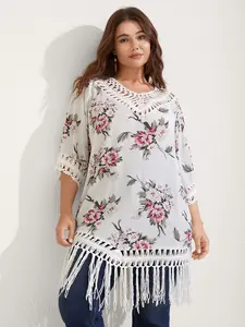 【Summer Turn-Up】BlOOMCHIC Plus Size Floral Print Crochet Fringe Hem Swim Cover-Up [1x-6x] 2026 Summer Pick for Mother's Day