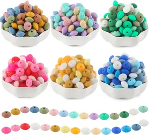 300Pcs Silicone Lentil Beads for Keychain Making,Bulk Mixed Color 12mm Silicone Abacus Spacer Beads for Necklace Bracelet Making Pens
