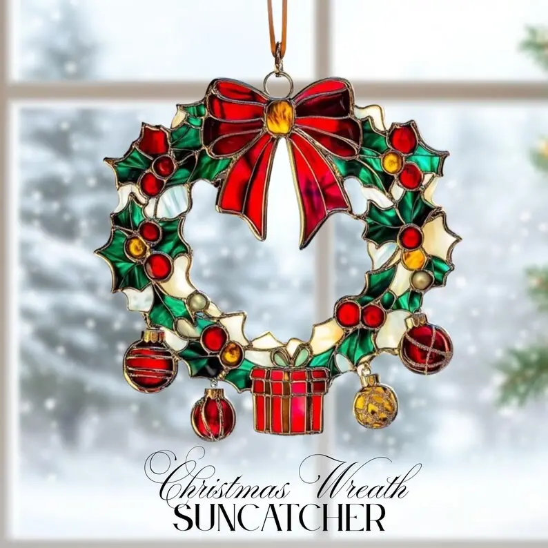 Red Bow Wreath Christmas Suncatcher, Holiday Stained Glass Window Decor, Festive Winter Hanging Ornament, Xmas Home Gift for Family
