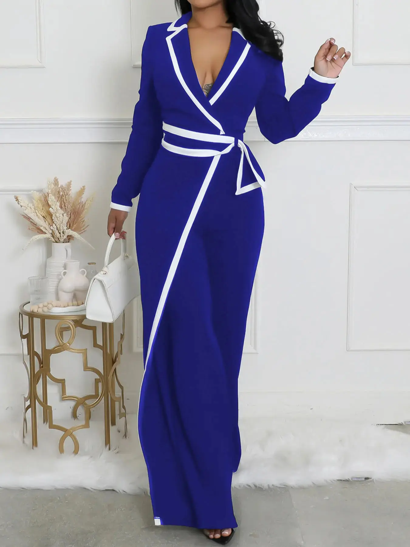 Women's Patchwork Print Belted Overalls Jumpsuit Elegant Fitted Knit Long Sleeve Beach