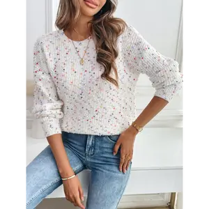 Women'S Elegant Speckled Sweater - Off-Shoulder, Round Neck, Soft Blend, Machine Washable Perfect for Casual or Chic Outfits, Cozy Clothing | Texture Nonelastic Materia Fabric Knitwear Polyester Tops Womenswear Knitting Crewneck Long Sleeve White