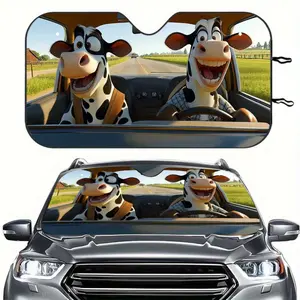 1 piece Cartoon Cow Design Car Front Windshield Sunshade Umbrella, Foldable Polyester Umbrella, for UV Protection in the Car Interior, Suitable for Car Window Sunshades - Optimistic Cow Design, Outdoor Leisure Equipment | Optimistic Animal Design | Easy t