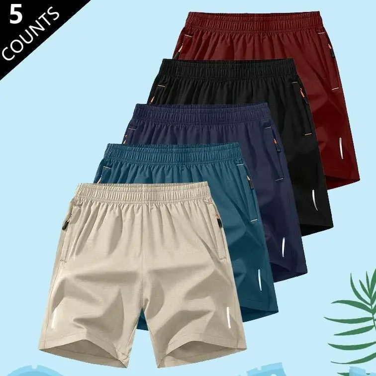 Men’s solid-color shorts with zippered pockets—casual, comfortable, breathable summer shorts for everyday wear; men’s casual short pants set.