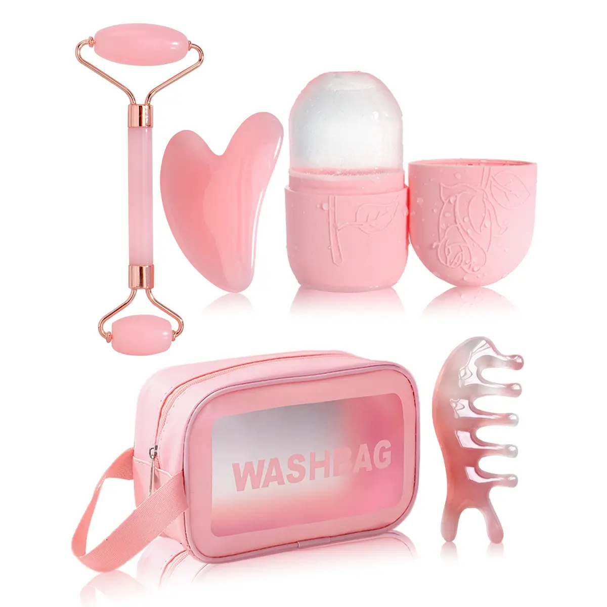 5pcs Face Skin Care Ice Facial Roller Set, Silicone Ice Mold, Facial Massage Tools, Clear PVC Storage Bag, Roller Massager & Gua Sha Board, Beauty Tools
