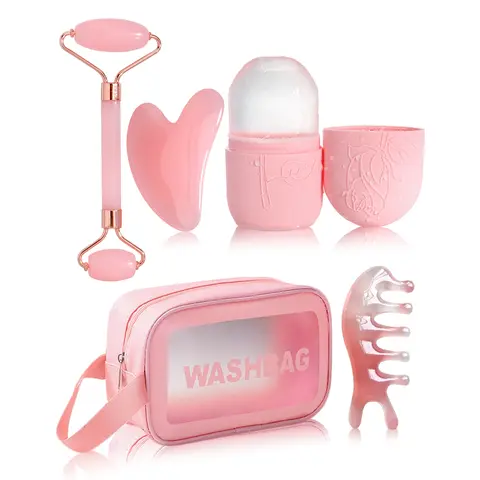 5pcs Face Skin Care Ice Facial Roller Set, Silicone Ice Mold, Facial Massage Tools, Clear PVC Storage Bag, Roller Massager & Gua Sha Board, Beauty Tools