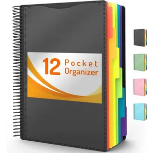 12 Pocket Project Organizer, 1/6-cut Tab Binder Organizer with Sticky Labels, Multi Pocket Folder with Zipper Pouch, Spiral Pocket Notebook Binder, Letter Size Black Office Supplies