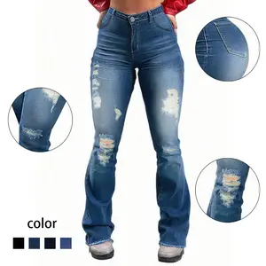 Vintage distressed high-waisted irregularly cut frayed bell-bottom denim pants for women, summer slimming pants with fringes at the hem reaching the floor