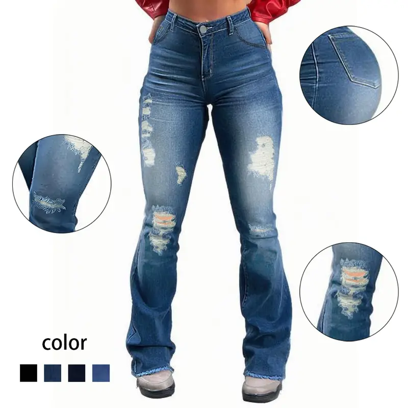 Vintage distressed high-waisted irregularly cut frayed bell-bottom denim pants for women, summer slimming pants with fringes at the hem reaching the floor