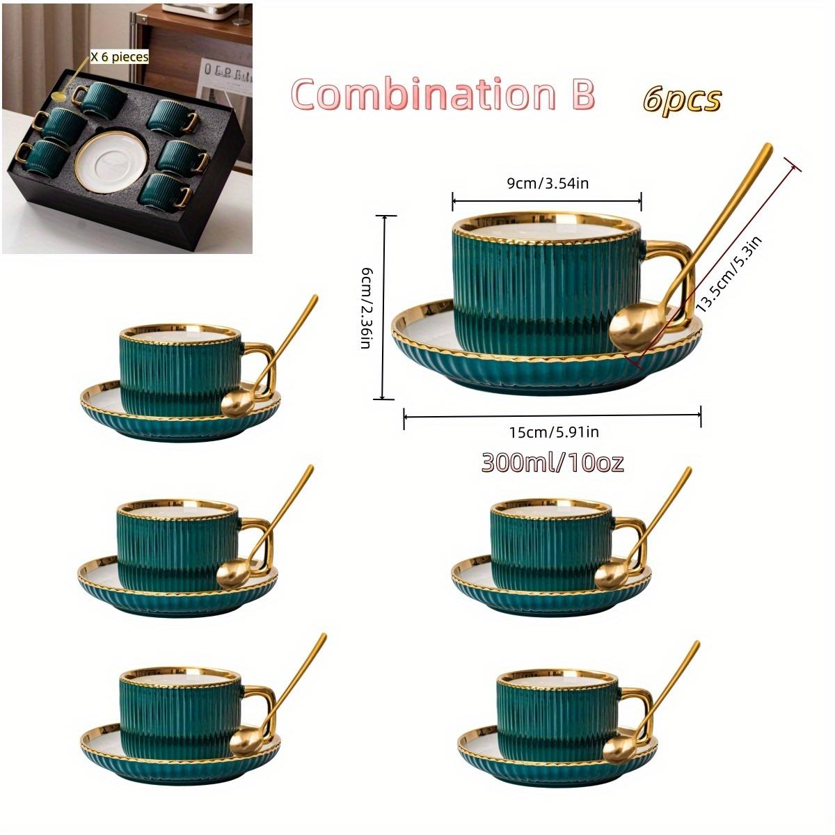 6 cups, 6 saucers, 6 spoons Ceramic Gold-trimmed Coffee Cups with Spoons Stackable Home Drinkware Gift Box Set Teacups with Saucers for Cappuccino Espresso Macchiato Latte Floral Tea Beverages Perfect for Tea Parties and Cafes Tumbler