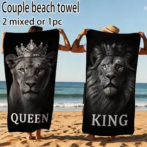 Ultrafine Fiber Lion Print Couple Beach Towel Set, 90x180cm Size, Sea Bath Towels, Quick Drying Towel, 1pc & 2pcs, Perfect for Beaches