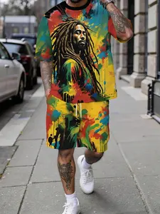 Men's 3D Digital Print Two-Piece Set, Vibrant Splatter Reggae Character Portrait Print Trendy Men's Set, Vacation-Style Trendy Outfit, Breathable Sporty Leisure Style, Perfect Festival Gift for Men