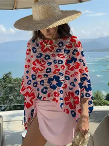 Women's Independence Day Clover Leopard Print One-Shoulder Long Sleeve Knit Mesh Top, Casual Elegant Vacation Style, Comfortable Breathable Women's Shirt