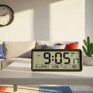 15 Inch Atomic Digital Wall Clock, Battery Operated, Auto Set, Big Display with Temperature, Humidity, Date, Day, Silent Non-Ticking, 4 Time Zones, DST, Wireless Self-Setting, Large Desk Clock Perfect for Home, Office or Classroom