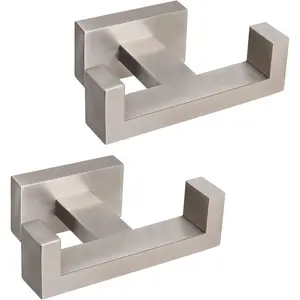 Bath Double Towel Hook- SUS304 Stainless Steel Square Robe Towel Holder, Heavy Duty Rustproof Double Coat Hook for Bathroom Livingroom Kitchen Wall Mounted, 2 Pack (Brushed Nickel)