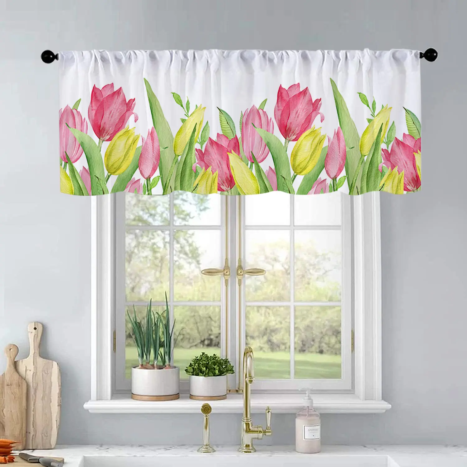 1Pc Tulip watercolor flowers printed kitchen curtains living room bedroom bathroom home decoration 54 * 18 inches