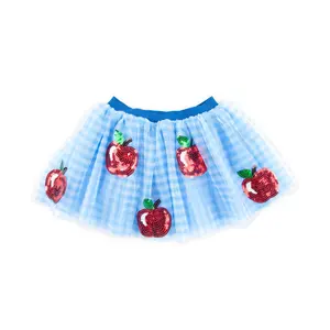 Apple Sequin Tutu Skirt - Fun Girls Blue Gingham Tulle for Back to School & Fall