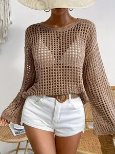Women's Plain Hollow Out Crochet Sweater, Casual Long Sleeve Boat Neck Jumper for Summer, Fashion Women's Knitwear for Daily Wear, Tops