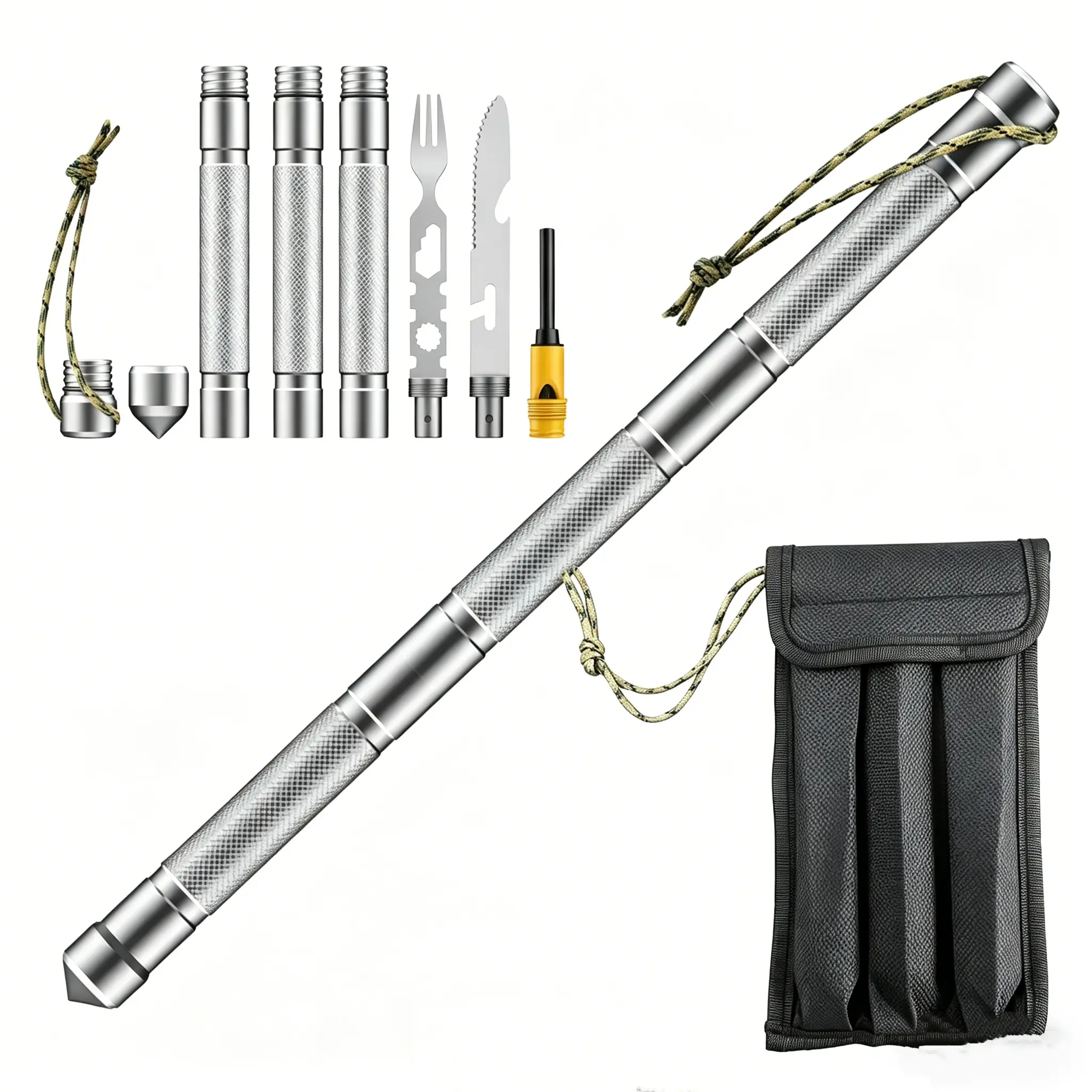 Multifunctional Aluminum Alloy Survival Stick |All-in-OneOutdoor Camping Tactical Self Defense Gear, Window Breaker,Knife, Fork, Wrench, Fire Starter,  | EmergencyEDC Kit for Hiking Camping Travel Car Safety