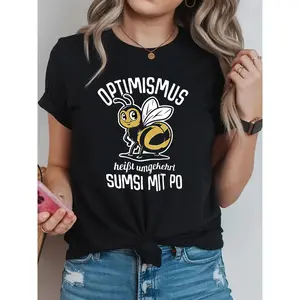 Plus Size - Plus Size - Cartoon Bee German "OPTIMISMUS Means SUMSI MIT PO in Reverse" Pattern Printed Plus Size Women'S Fashionable Casual Round Neck Spring Summer T-Shirt