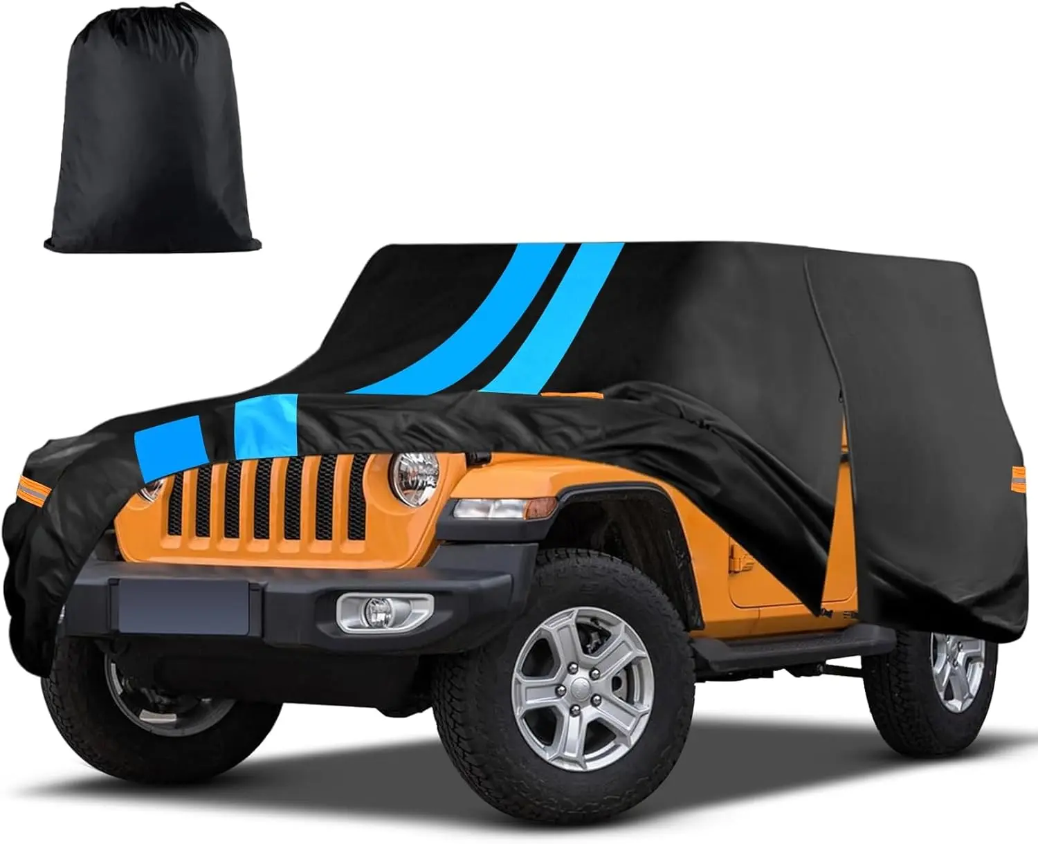Car Cover Jeep Cover Waterproof 4 Door Fit for Jeep Wrangler 4 Doors 2006-2023 JK JL All Weather Sun Rain Snow Wind Hail Protection Outdoor with Door Zipper, Cotton Lining, Reflective Strip