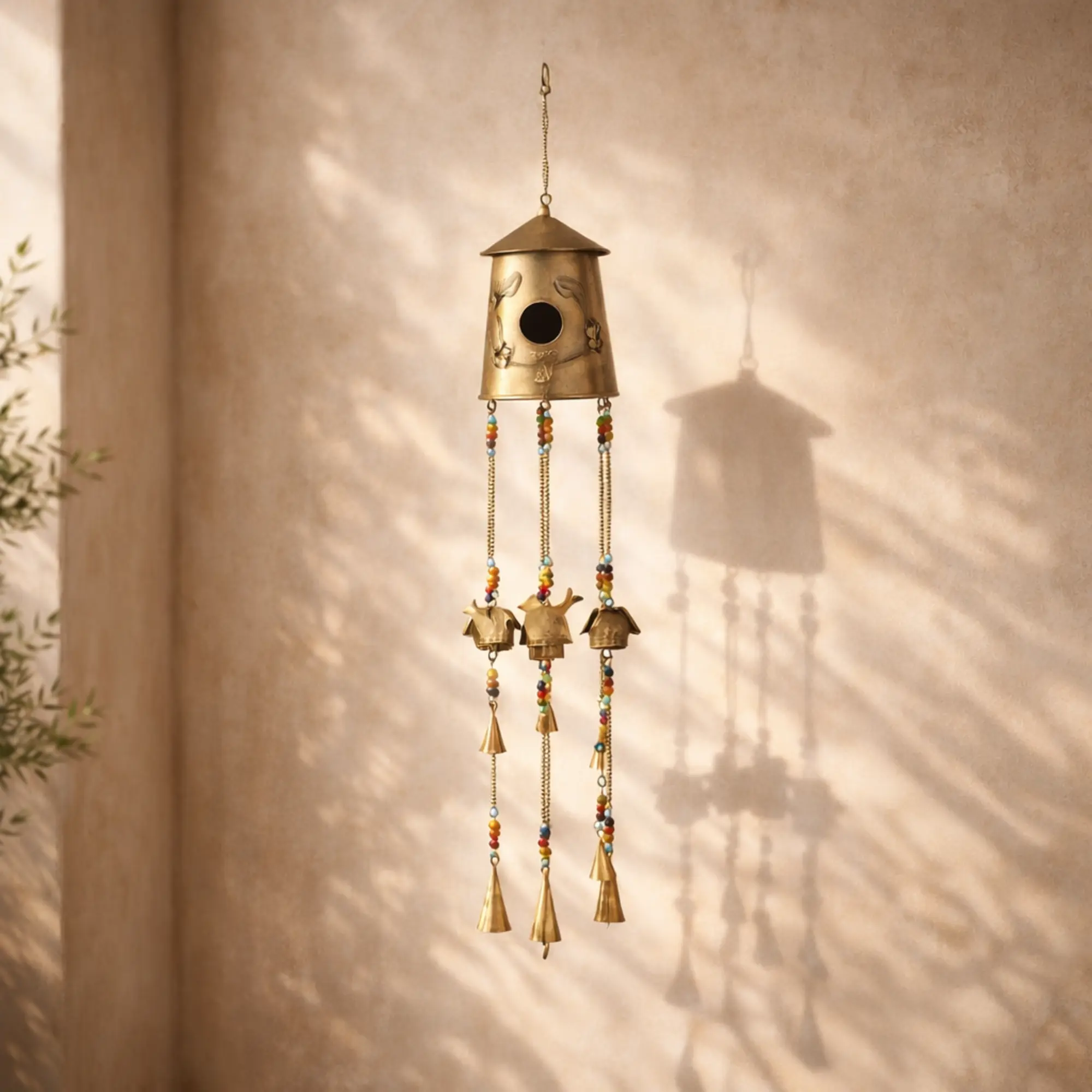Bird Bronze Metal Handmade Birdhouse Indoor Outdoor Windchime with Glass Beads and Bells