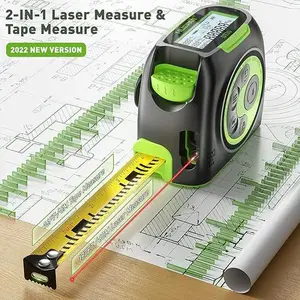 Huepar - 2-in-1 197-foot Laser Tape Measure, Rechargeable, Laser Measurement Tool, Tape Measure with Backlight LCD, Removable Hook, Pythagorean Theorem, Area, Volume, Meter/Inch/Feet Unit Switching Digital Distance Meter