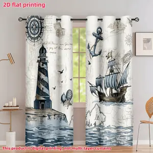 2D Flat 2Pcs Nautical Ocean Theme Curtains, Lighthouse & Ship Pattern Window Draperies, Grommet Top Semi-Sheer Drapes for Living Room Bedroom, Home Decor, Privacy Protection, Accessories.