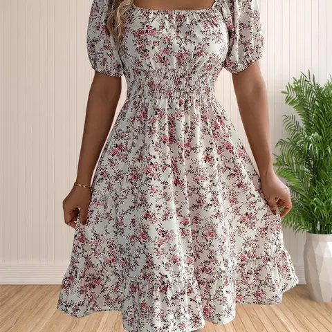 Women's Ditsy Floral Print Shirred Ruffle Hem Dress, Boho Fashion Square Neck Puff Sleeve Dress for Holiday, Daily and Casual Wear, Ladies Dress for Summer, Cute, Bohemian, Casual Boho Sundress, Boho Dresses
