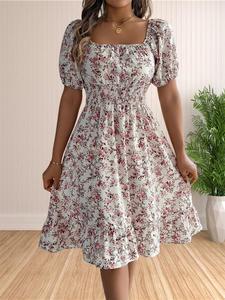 women's ditsy floral print shirred ruffle hem a line dress, casual boho fashion square neck puff sleeve knee length dress for holiday vacation daily wear, capri sun dress, ladies dress for summer, womenswear, bohemian casual summer clothes