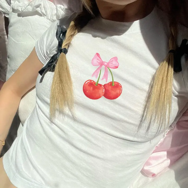 Cherry with a Bow Coquette Pink Cherry Fitted Tshirt, Pinterest Inspired Baby Tee, Christmas Gifts for friend, Retro Trending