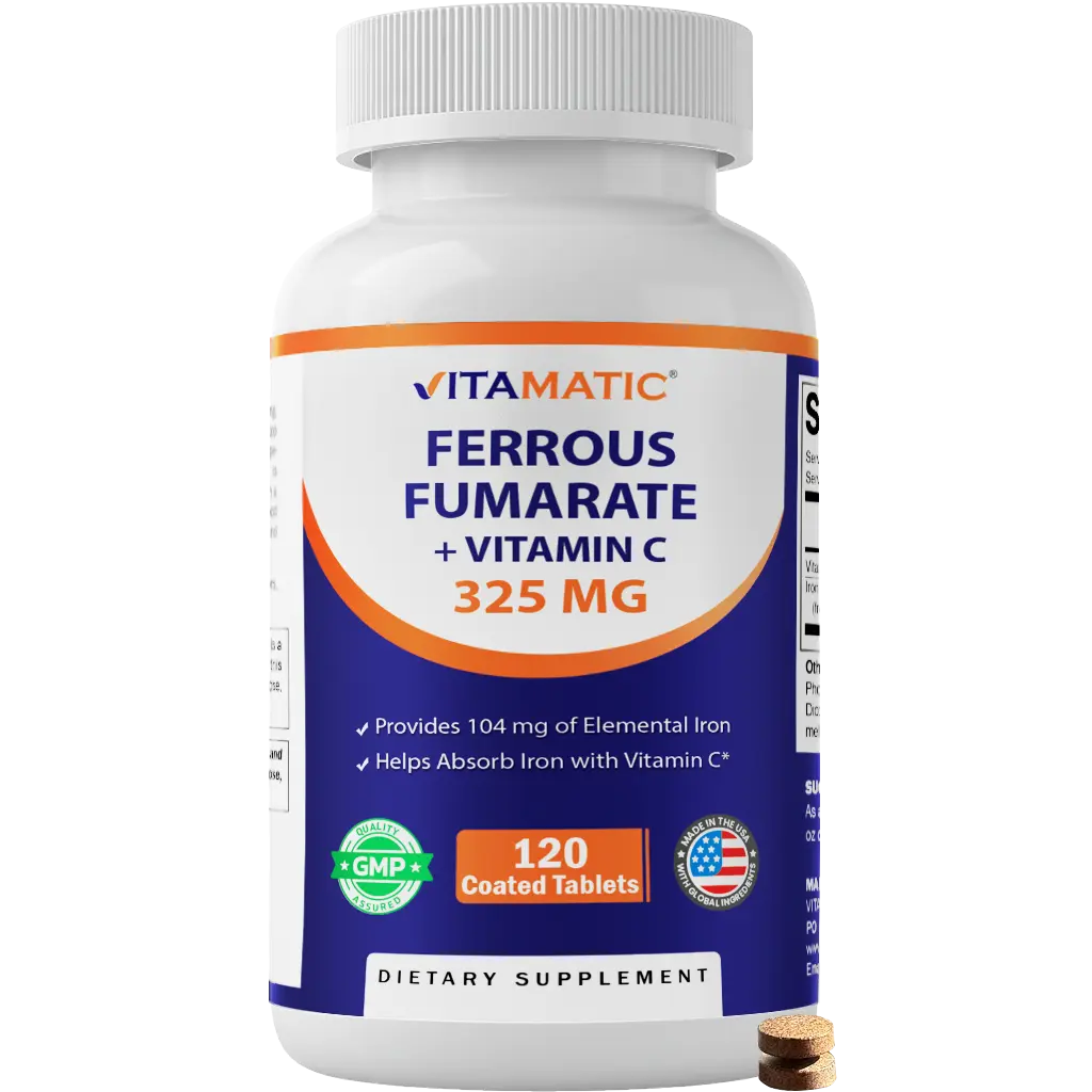 Vitamatic Ferrous Fumarate 325 mg + Vitamin C 100 mg (104 mg Elemental Iron) High-Potency Iron Essential Minerals Supplement, 120 Tabs, Gentle on Stomach, Lactose Free, Dairy Free, Made in USA for Bone & Digestive Health