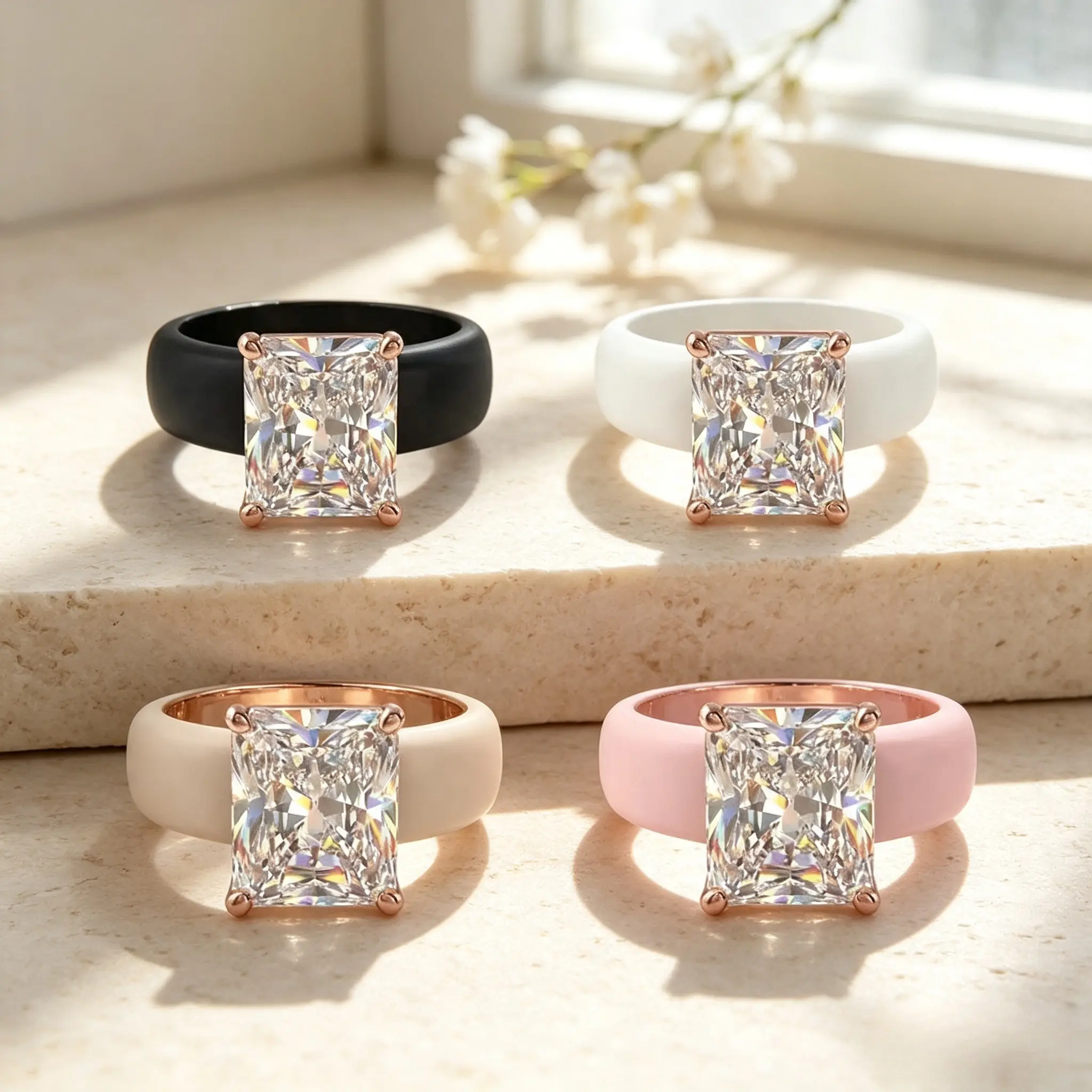 Gorgeous Sparkling Radiant Cut Square Moissanite Cocktail Ring, Rose Gold Prong Setting White Chunky Ceramic Band, Big Simulated Diamond Statement Ring, Luxury Engagement Wedding Band, Must-Have Fashion Jewelry Gift Idea For Her