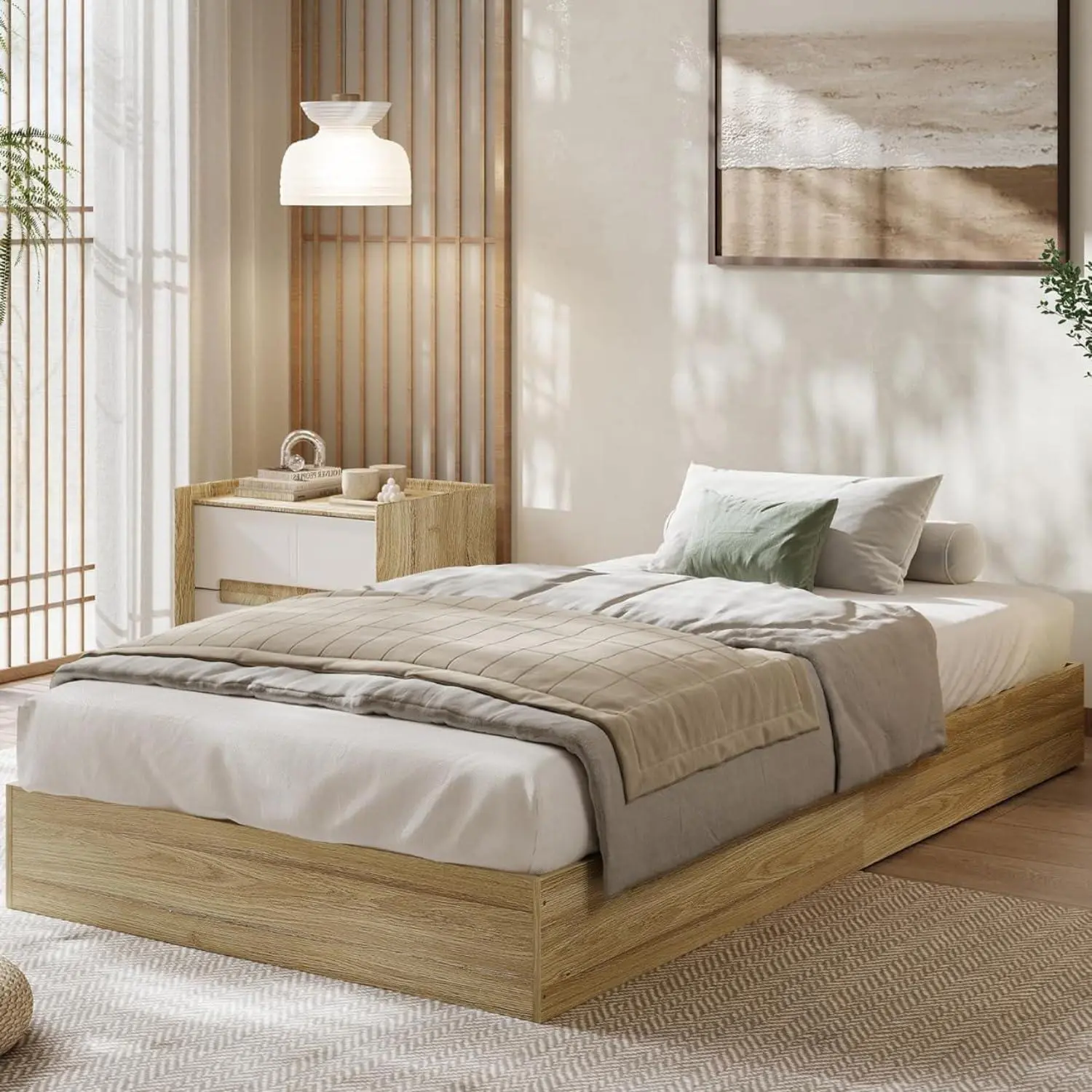 Twin XL Solid Wood Platform Bed with Sturdy Wooden Slats, Floor-Standing Bed Frame, No Box Spring Needed, Space Saver, Easy Assembly,Golden Tan Wood