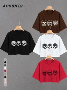 Women's Skull Print Round Neck Short Tee, Casual Short Sleeve Crew Neck T-shirt for Daily Wear, Ladies Clothes for All Seasons