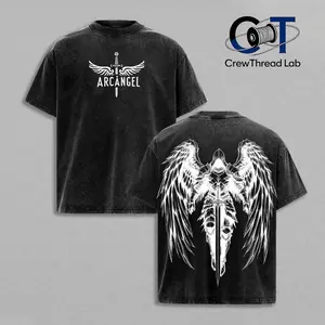 260G Arcangel Saint Michael Digital direct injection T-Shirt Washed - Holy Warrior Angel Graphic Shirt, Sword and Wings Vintage Washed Top, Christian Gothic Streetwear Outfit Church - Gym Pump Cover Jesus Apparel