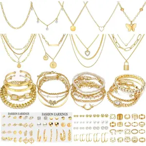 139pcs Gold Jewelry Set Costume Jewelry With 11 PCS Necklace, 16 PCS Bracelet, 90 PCS Stud Hoop Earring 22 Pcs Rings for Women Friendship Gift Set