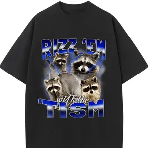 Rizz 'em with the Tism Meme Wolf T-Shirt Cotton Menswear Top Unisex Oversized Tshirt Shortsleeve Clothing