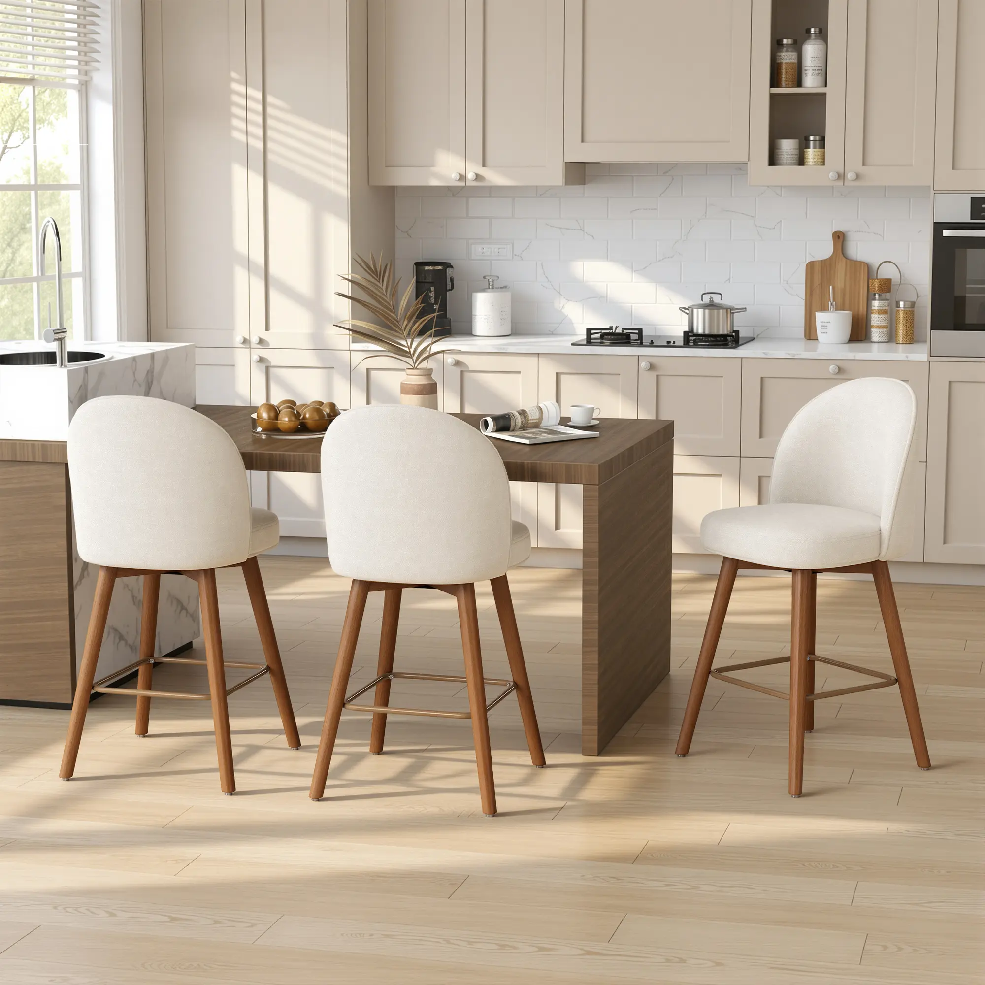Modern Chenille Swivel Bar Stools Set of 2/3, 26" Counter Height Bar Chairs with Back, Upholstered Kitchen Island Stools with Solid Wood Legs and Footrest