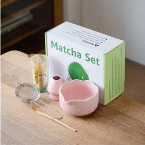 Matcha Tea Set (5 Piece), Ceramic Matcha Bowl Spout, Bamboo Whisk, Scoop & Strainer, Handmade Natural Bamboo, Perfect for Matcha Lovers