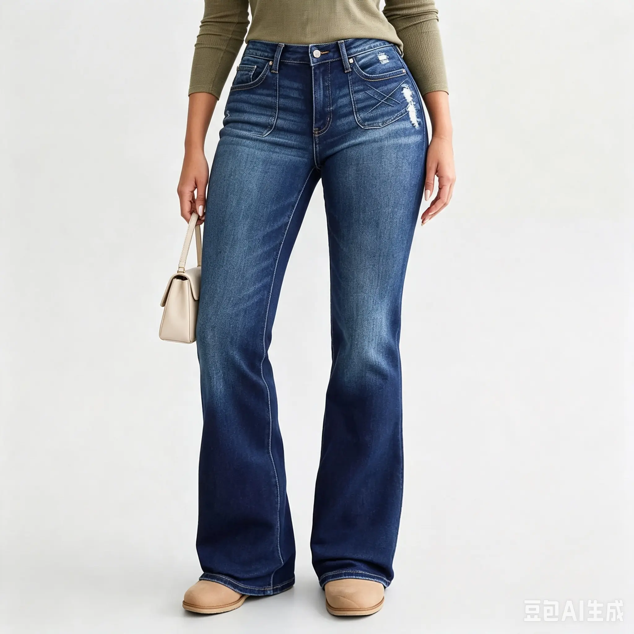 Women’s vintage deep blue distressed jeans, mid-high waist, stretchy slim fit flared denim pants with front pockets and decorative holes