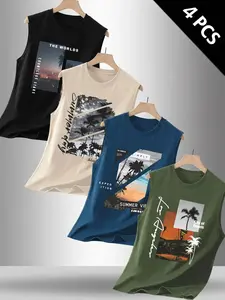 Men's Palm Tree Summer Vibes Sleeveless Tank Top – Trending Tropical Streetwear, Viral Beach Vacation & LA Style Top (4-Pack, Multiple Colors)