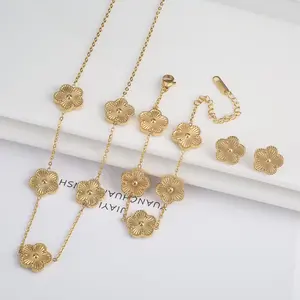 Classic Stainless Steel Metal Laser Five Leaf Flower Clover Jewelry Set Bracelet Necklace Earrings Y2k Style For Woman Jewelry
