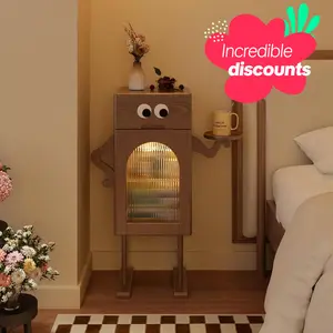 Robot Nightstand, 100% Solid Wood - No MDF, Mid Century Modern Design with Drawers, Adjustable Dividers, Sensor Light, Ideal for Cozy Atmosphere